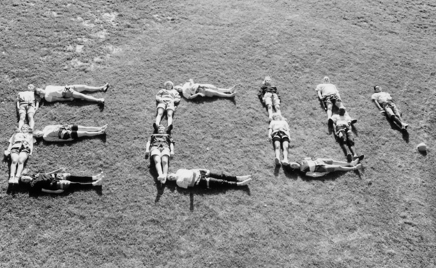 "Members of the Student Senate work together to spell out their favorite university."