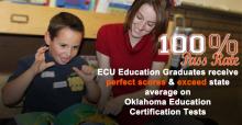 !00% Pass Rate. ECU Education Graduates receive perfect scores and exceed state average on Oklahoma Education Certification Tests