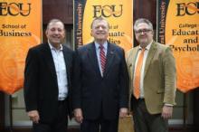 Congressman Tom Cole, center, poses with Oka' Executive Director Duane Smith, left, and ECU Interim President Dr. Jeffrey Gibson at ECU Monday, Feb. 14, 2022