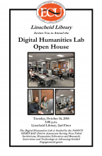 The Linscheid Library is hosting an open house for the new Digital Humanities Lab in the Linscheid Library on the second floor.  The lab is funded by the NASNTI HERITAGE (Native Americans Serving Non-Tribal Institutions, Humanities Education and Research: Innovation and Technology in Advancing Guided Engagement) Grant.