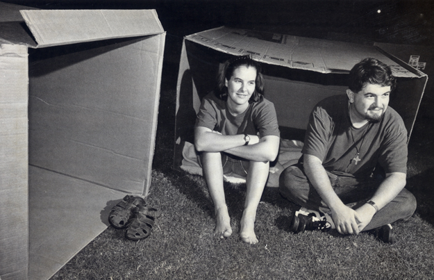 Carrie Wade and Will Warner, Co-presidents of the ECU Habitat for Humanity Chapter, participate in Box City