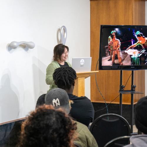 Program Director of Tulsa Glassblowing School, Kayla Ohlmer, speaks to ECU students about her work and experience as an artist and glassblower.